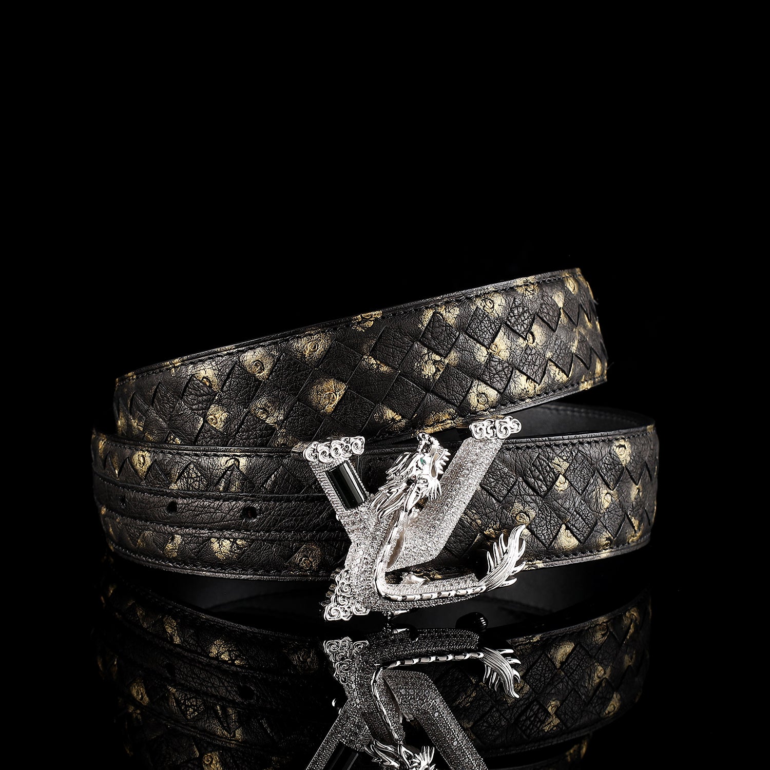 Men’s Handwoven Ostrich Leather Belt – 3D Dragon Rhinestone Buckle, 1.5"