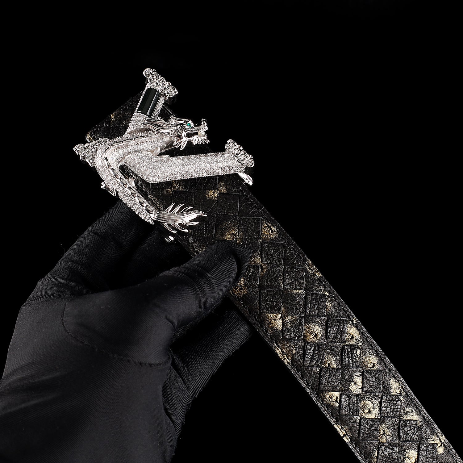 Men’s Handwoven Ostrich Leather Belt – 3D Dragon Rhinestone Buckle, 1.5" — reverse side | BELTLEY