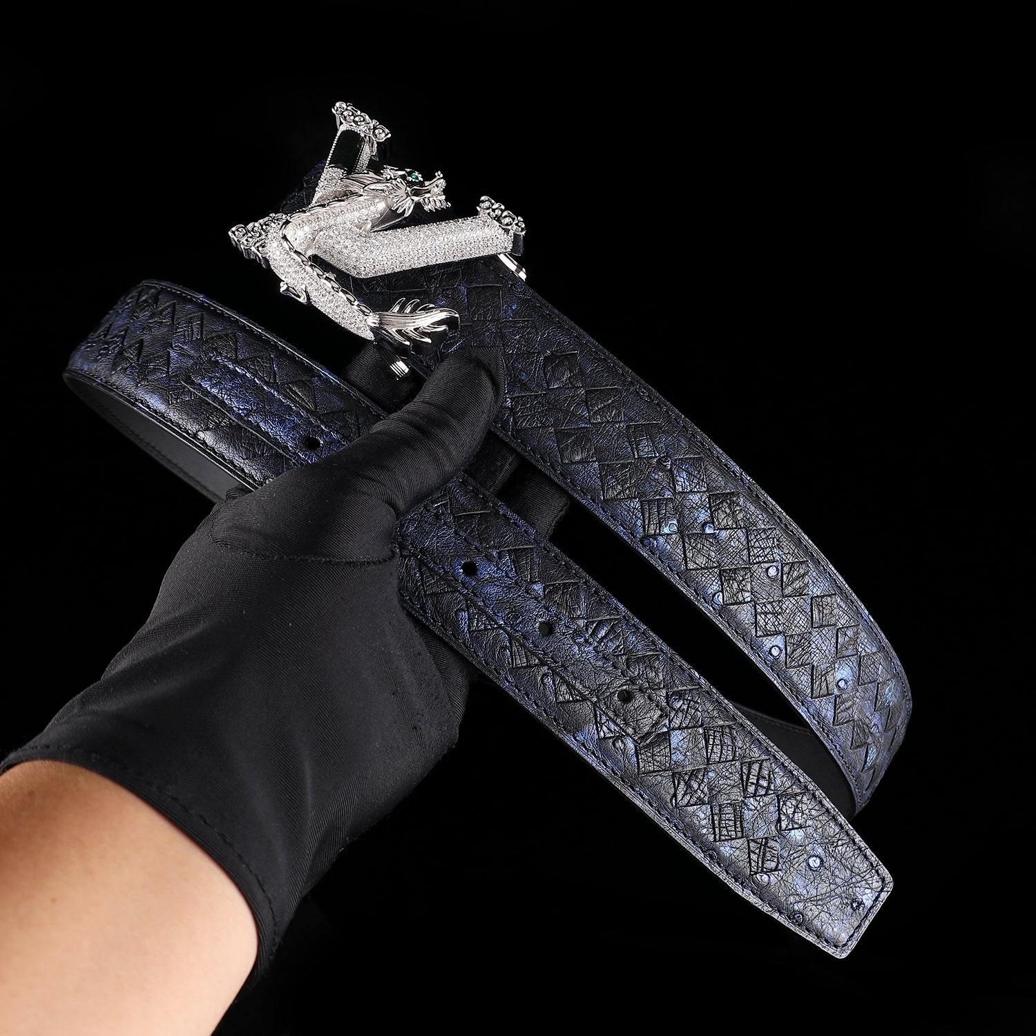 Men’s Handwoven Ostrich Leather Belt – 3D Dragon Rhinestone Buckle, 1.5" — additional view 12 | BELTLEY