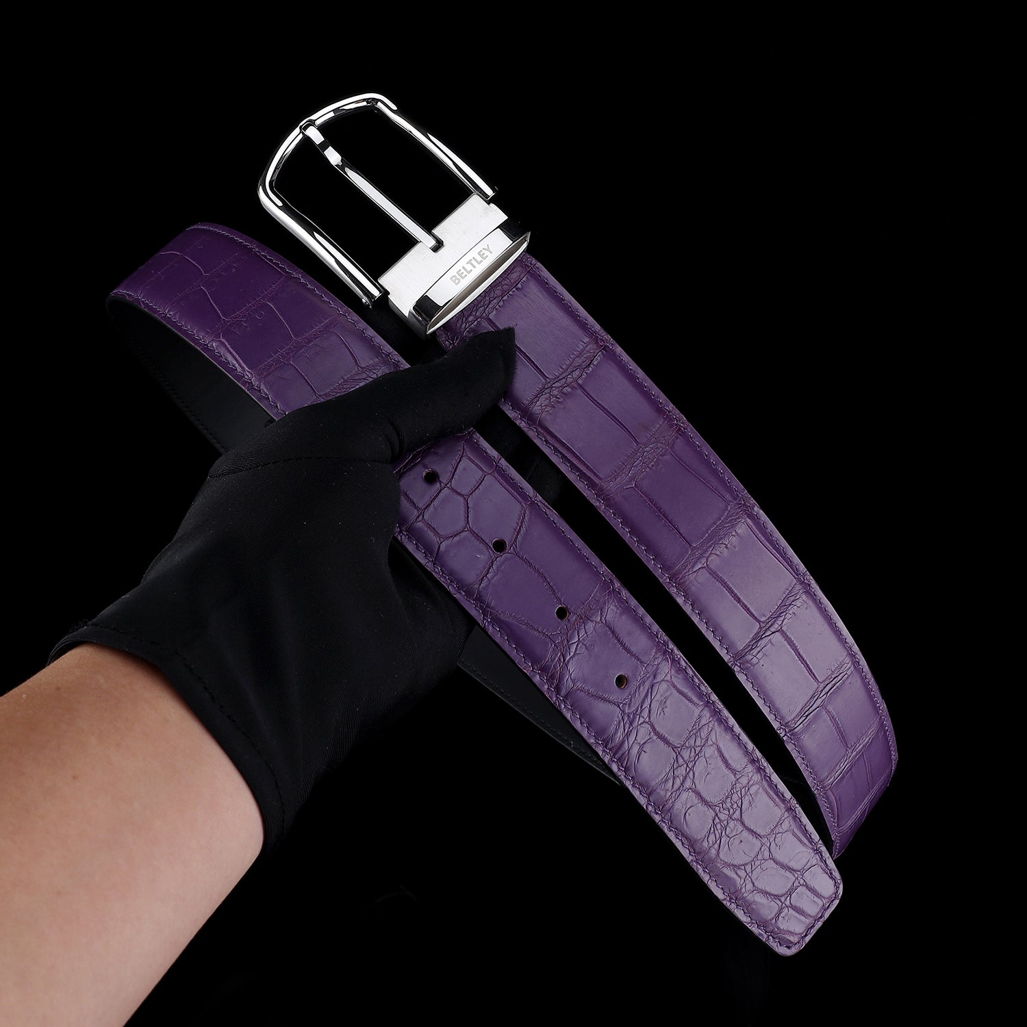 BELTLEY Men's Matte Royal Purple Genuine Nile Crocodile Belt
