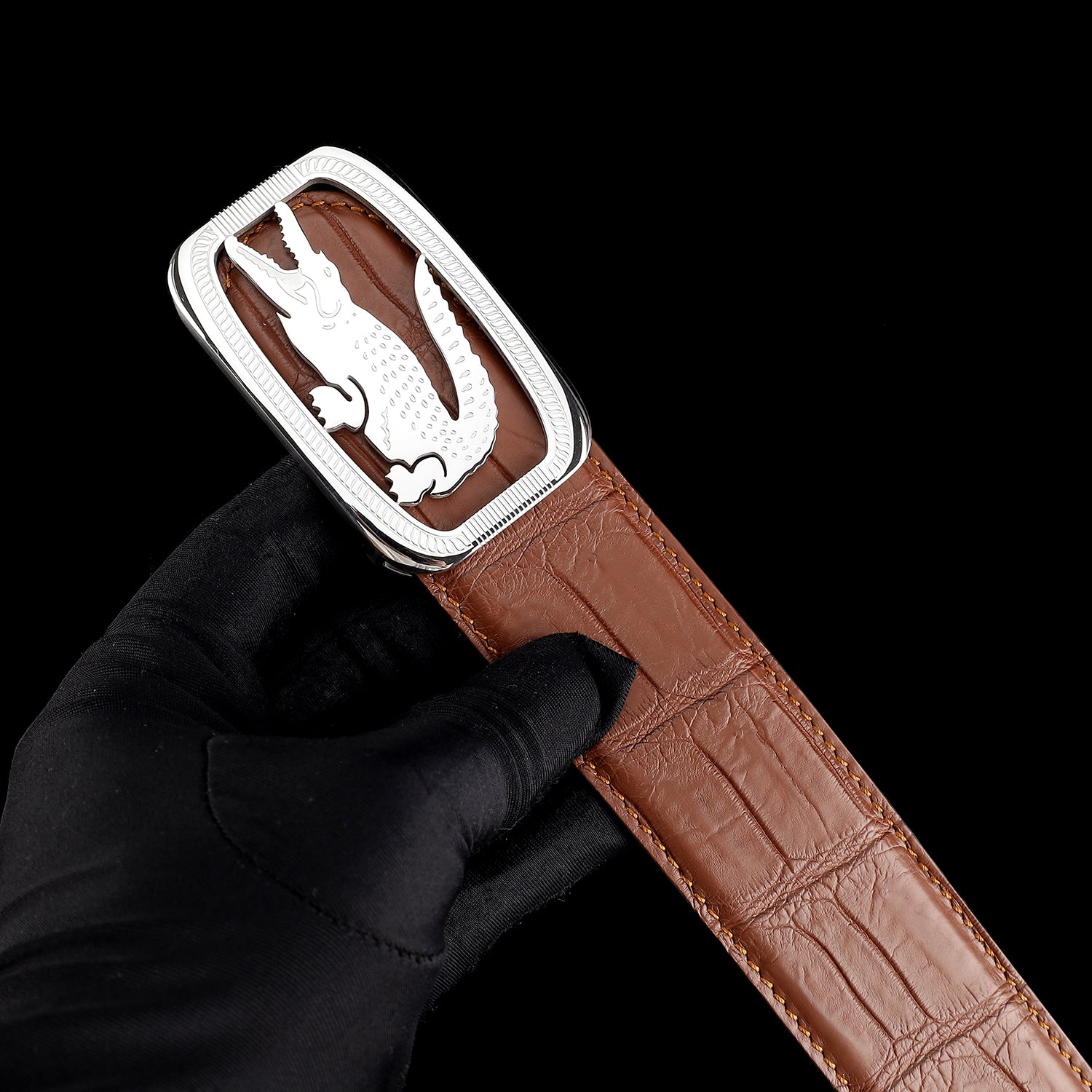 Men’s Real Crocodile Belt with Stainless Steel Crocodile Buckle — reverse side | BELTLEY