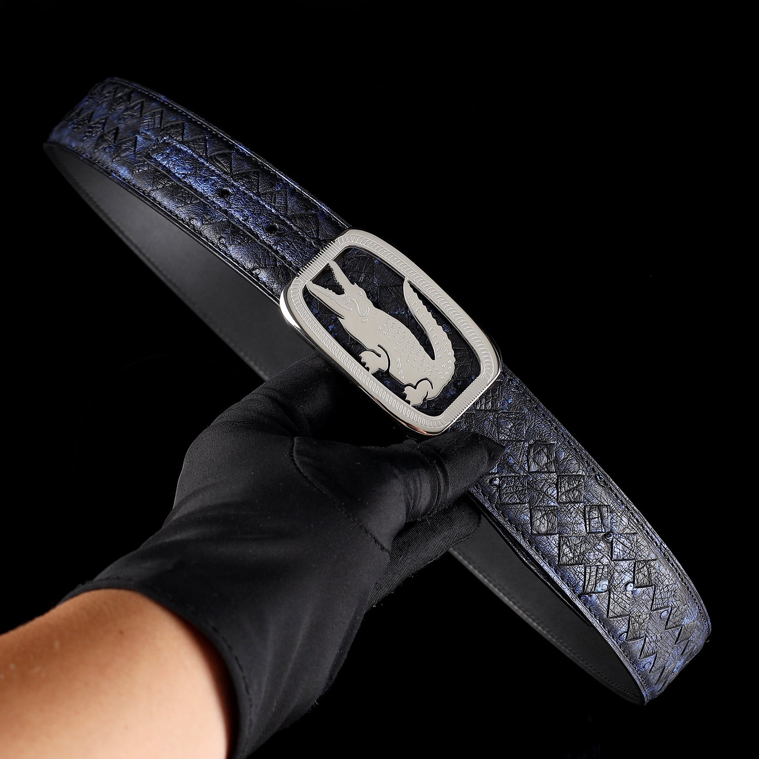 Men’s Handwoven Ostrich Leather Belt with Crocodile Plaque Buckle — lifestyle shot | BELTLEY