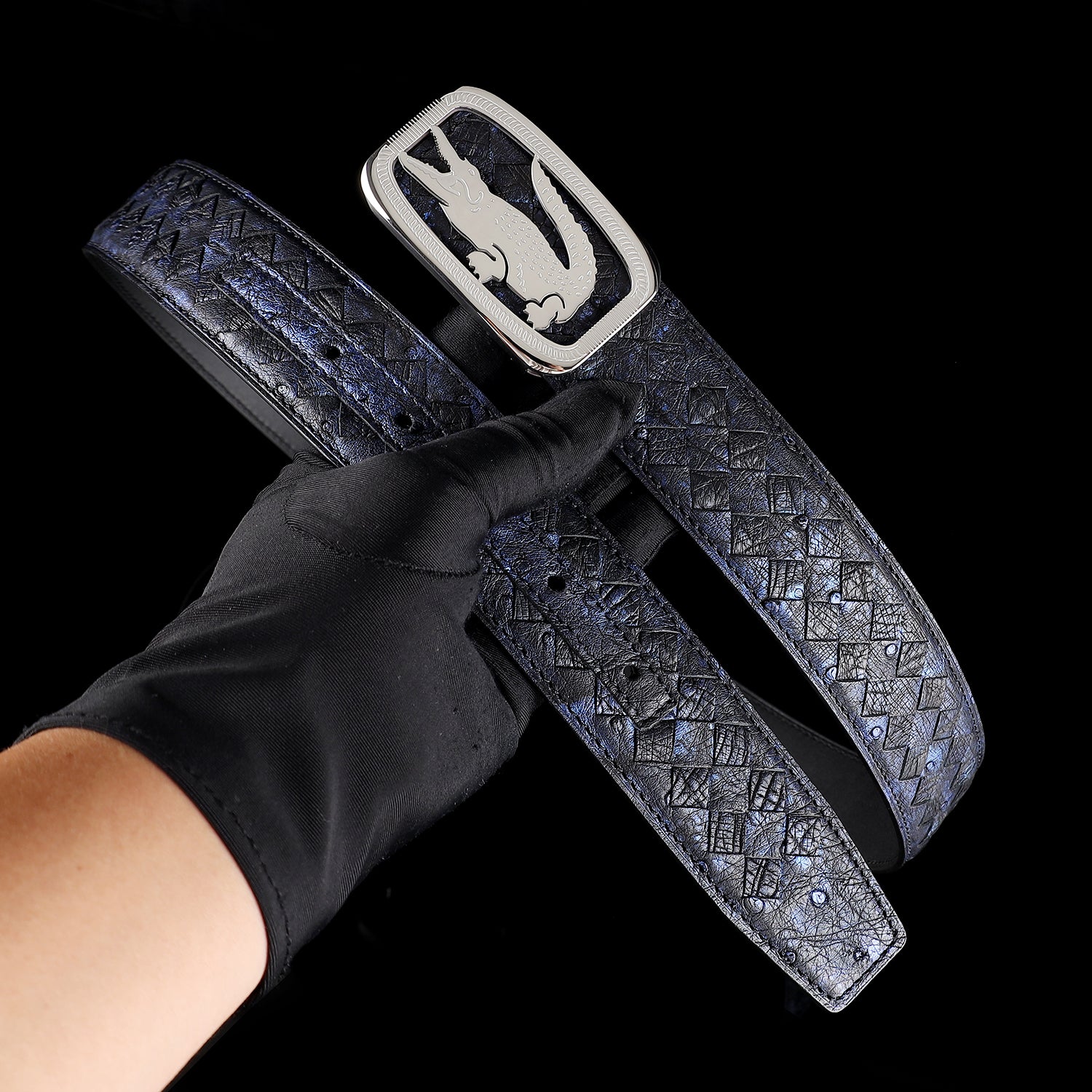 Men’s Handwoven Ostrich Leather Belt with Crocodile Plaque Buckle — edge detail | BELTLEY