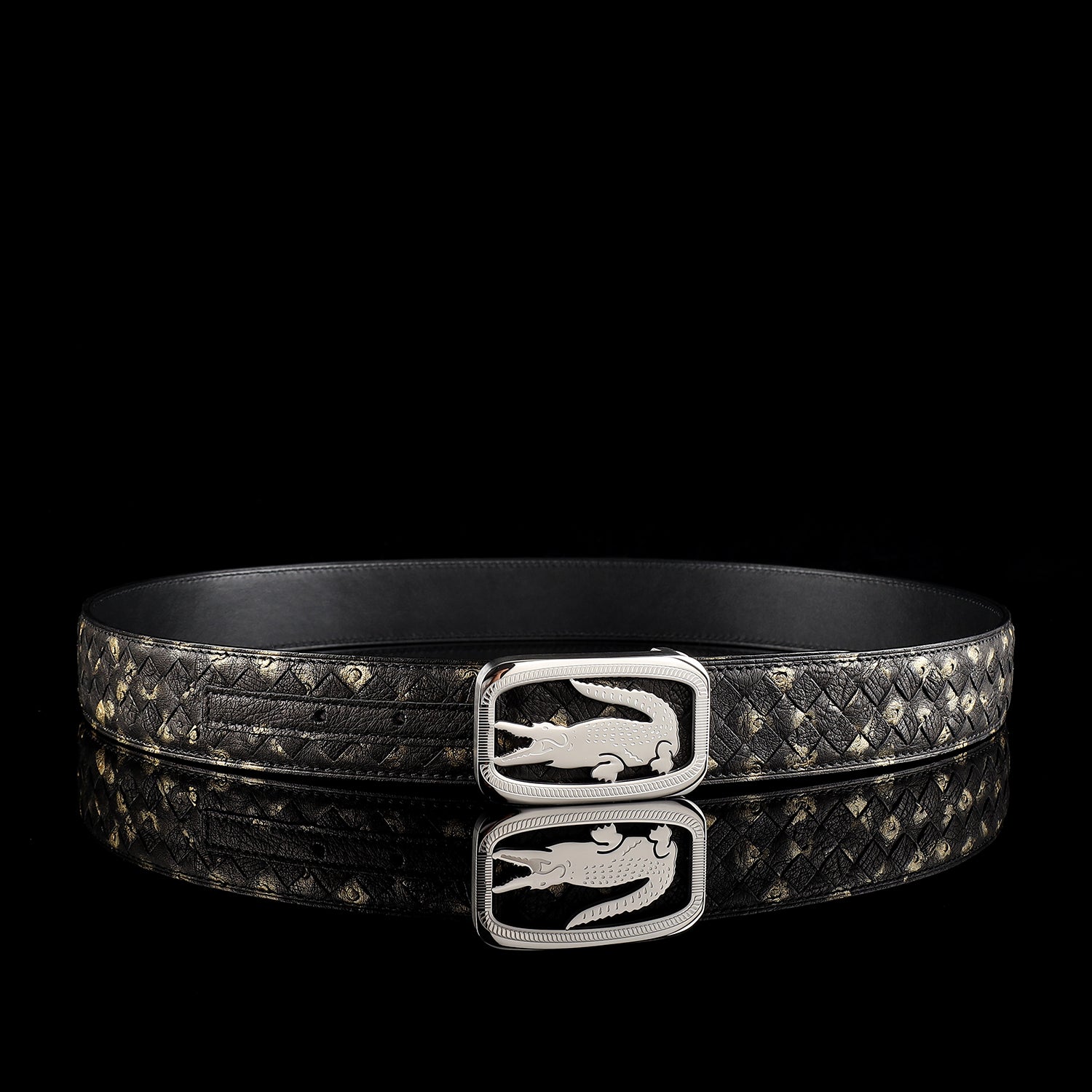 Men’s Handwoven Ostrich Leather Belt with Crocodile Plaque Buckle — side detail | BELTLEY