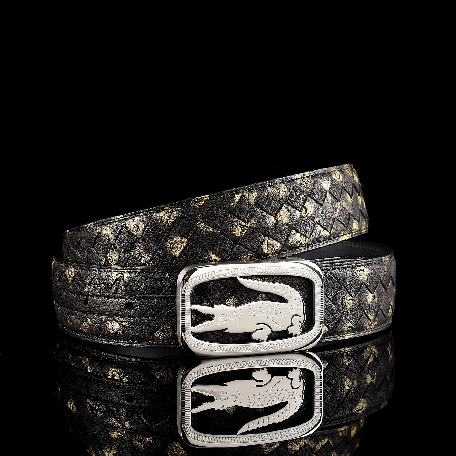 Men’s Handwoven Ostrich Leather Belt with Crocodile Plaque Buckle — additional view 12 | BELTLEY