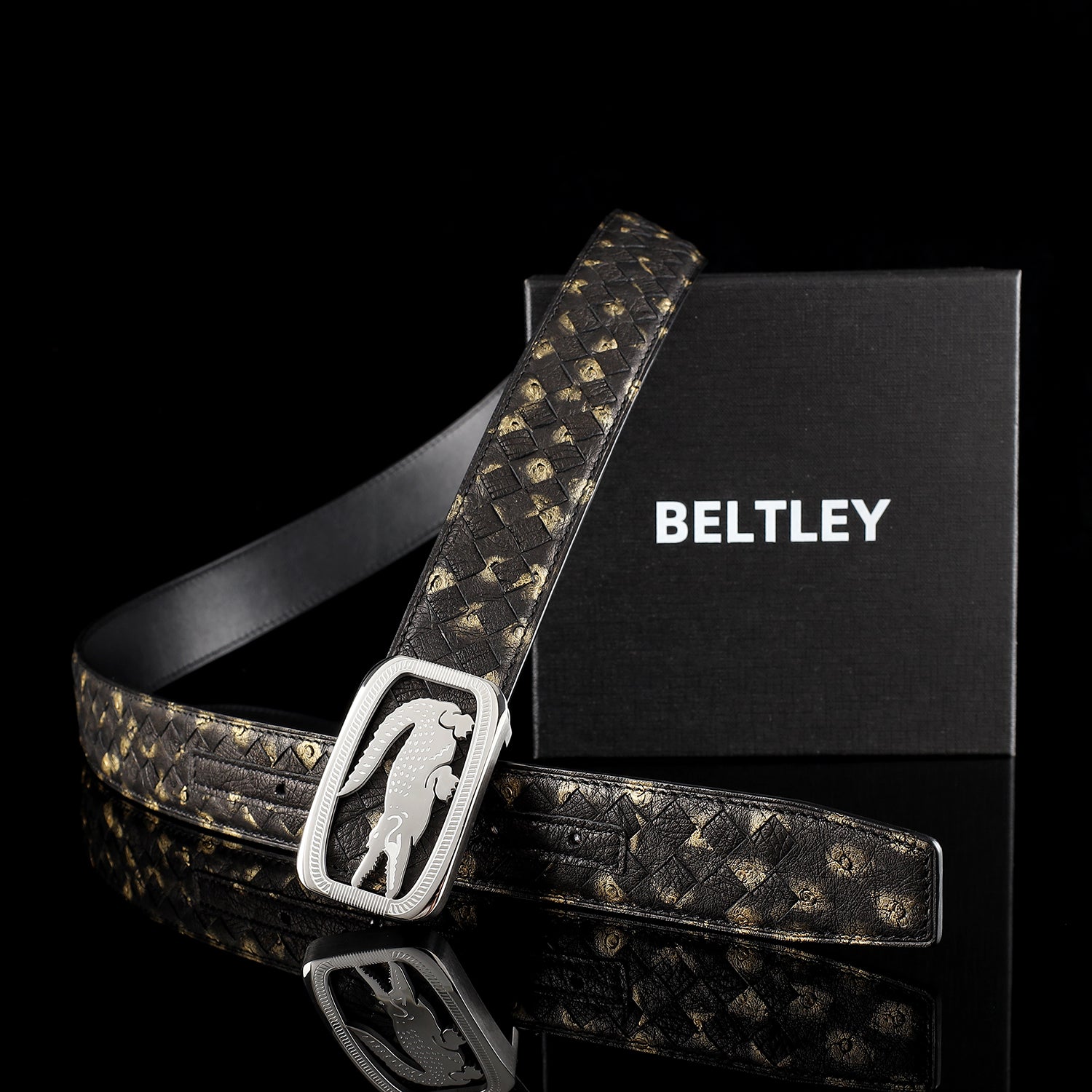 Men’s Handwoven Ostrich Leather Belt with Crocodile Plaque Buckle — additional view 15 | BELTLEY