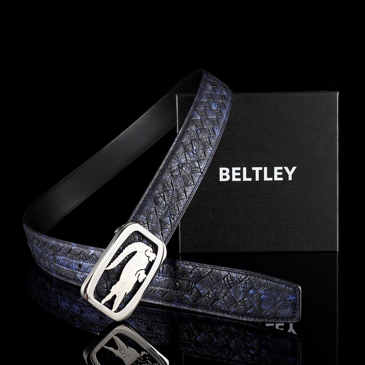 Men’s Handwoven Ostrich Leather Belt with Crocodile Plaque Buckle — reverse side | BELTLEY