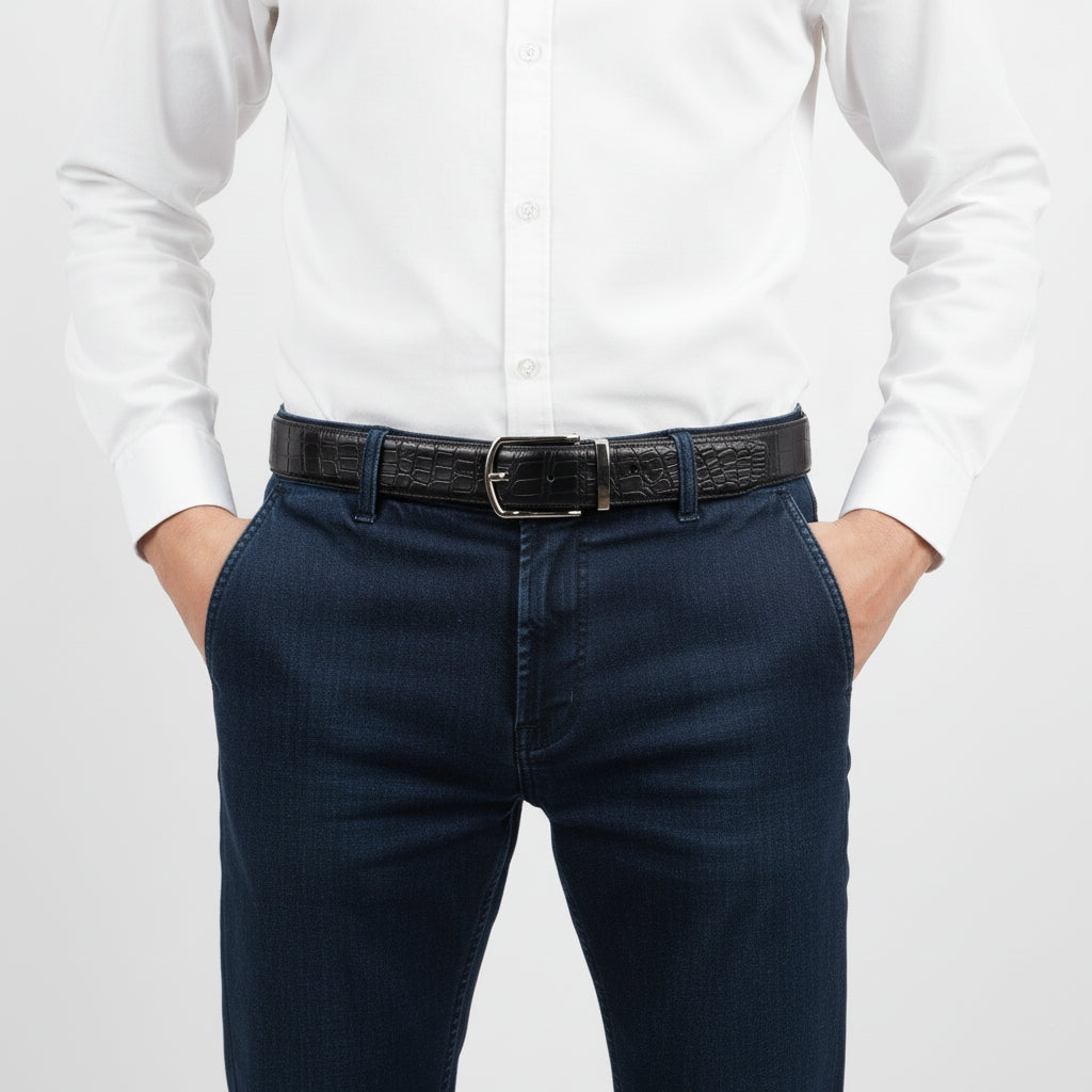 Men's Matte Black Crocodile Dress Belt By BELTLEY