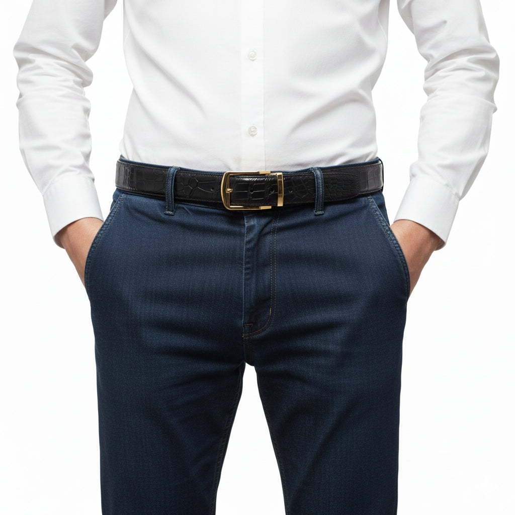 Men's Matte Black Crocodile Dress Belt By BELTLEY