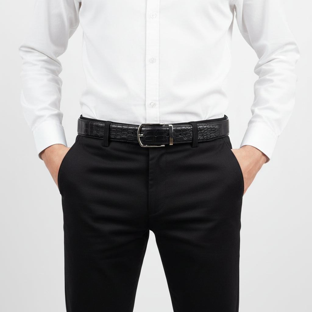 Men's Matte Black Crocodile Dress Belt By BELTLEY