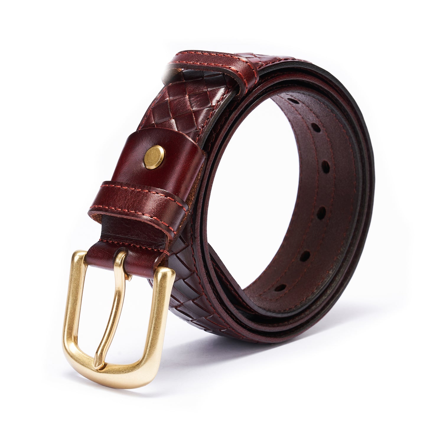 Midnight Crimson Diamond Weave Belt • Vegetable-Tanned Leather