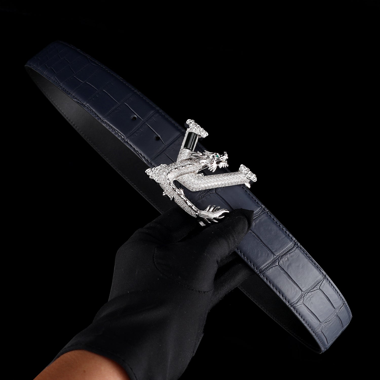 Nile Crocodile Leather Belt with 3D Dragon V Buckle — lifestyle shot | BELTLEY