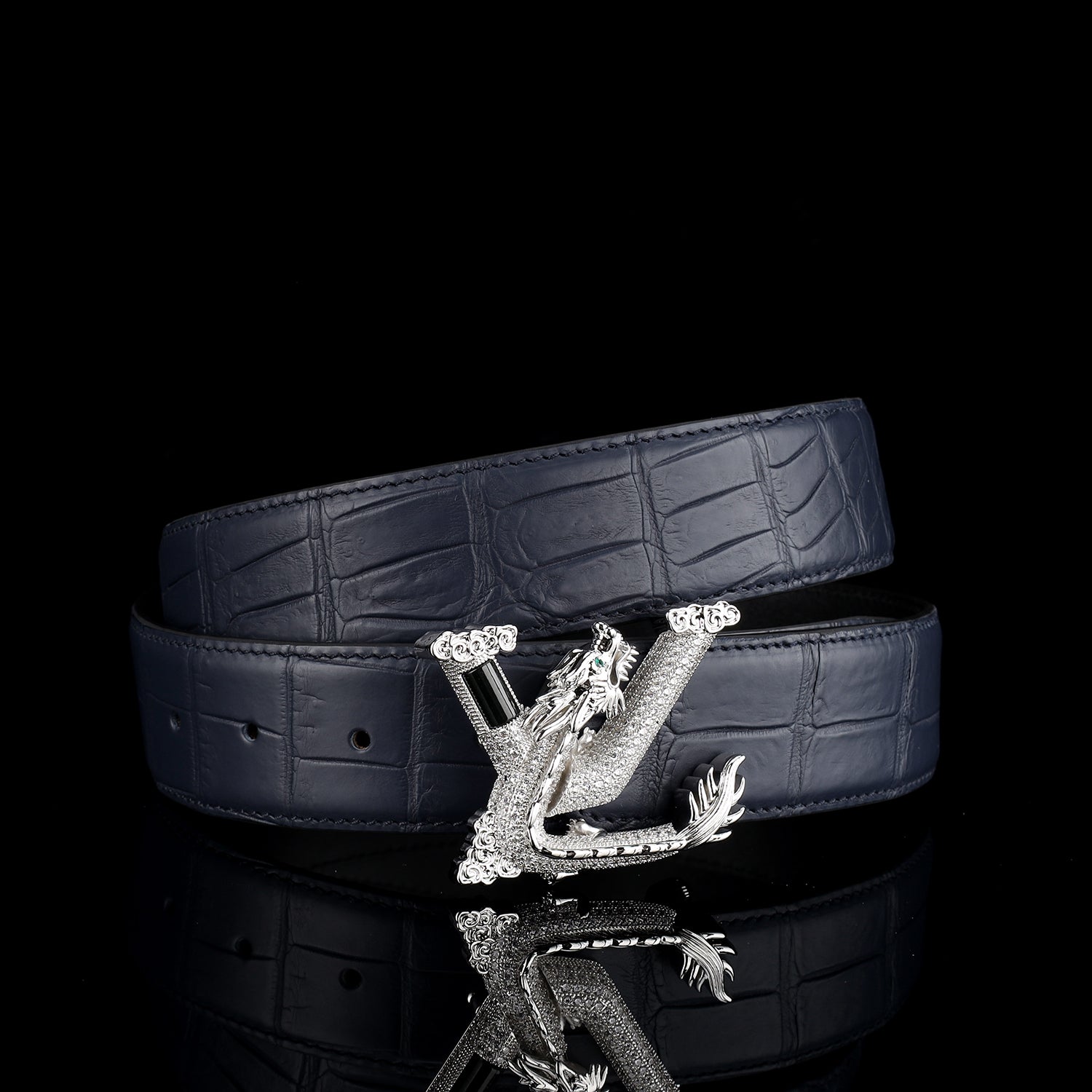 Nile Crocodile Leather Belt with 3D Dragon V Buckle — buckle close-up | BELTLEY