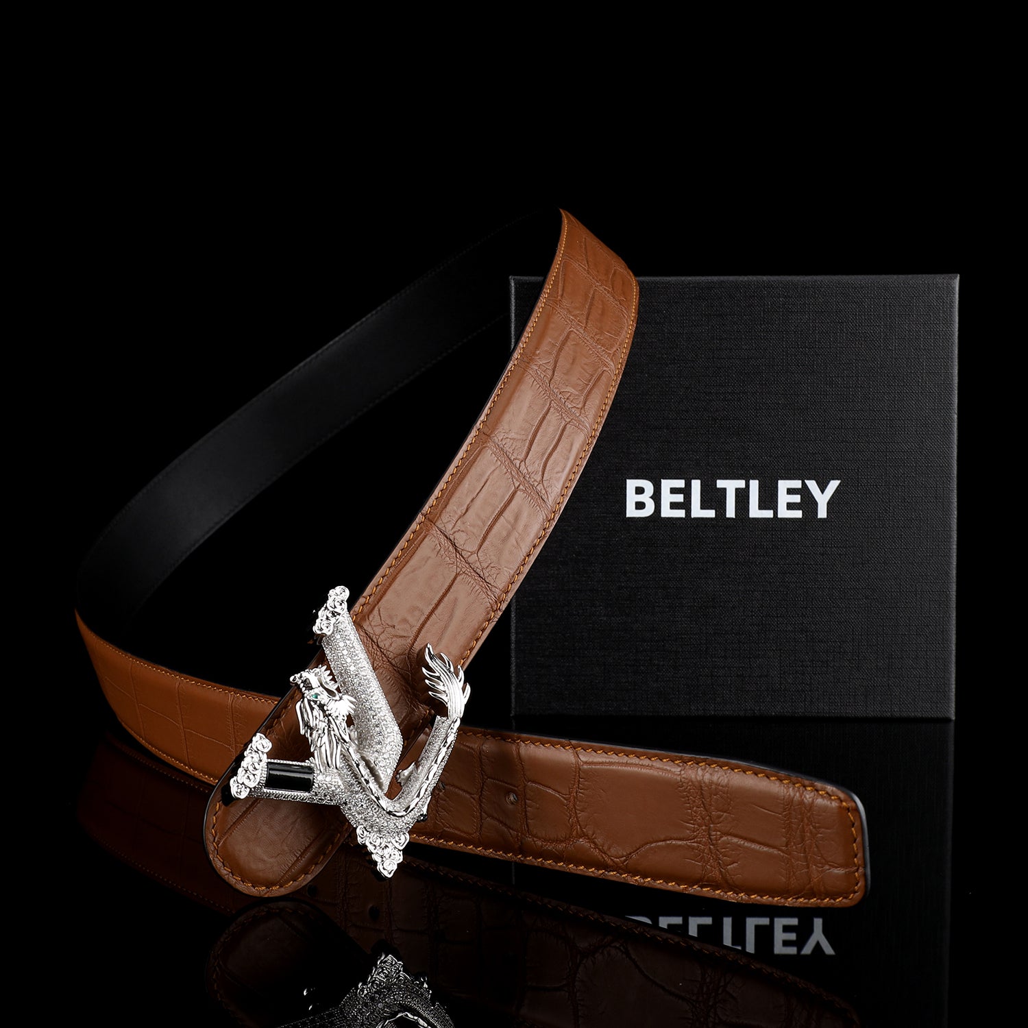 Nile Crocodile Leather Belt with 3D Dragon V Buckle — packaging | BELTLEY