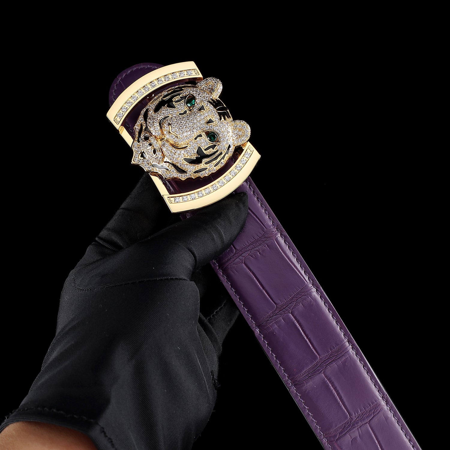 Original Mens Purple Crocodile Leather Belt with Gold Tiger Buckle