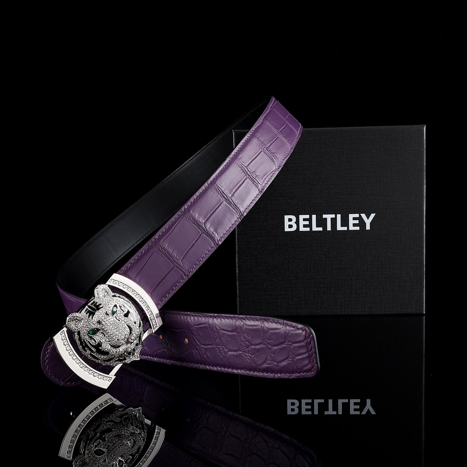Purple Real Crocodile Leather Belt With Silver Tiger Buckle