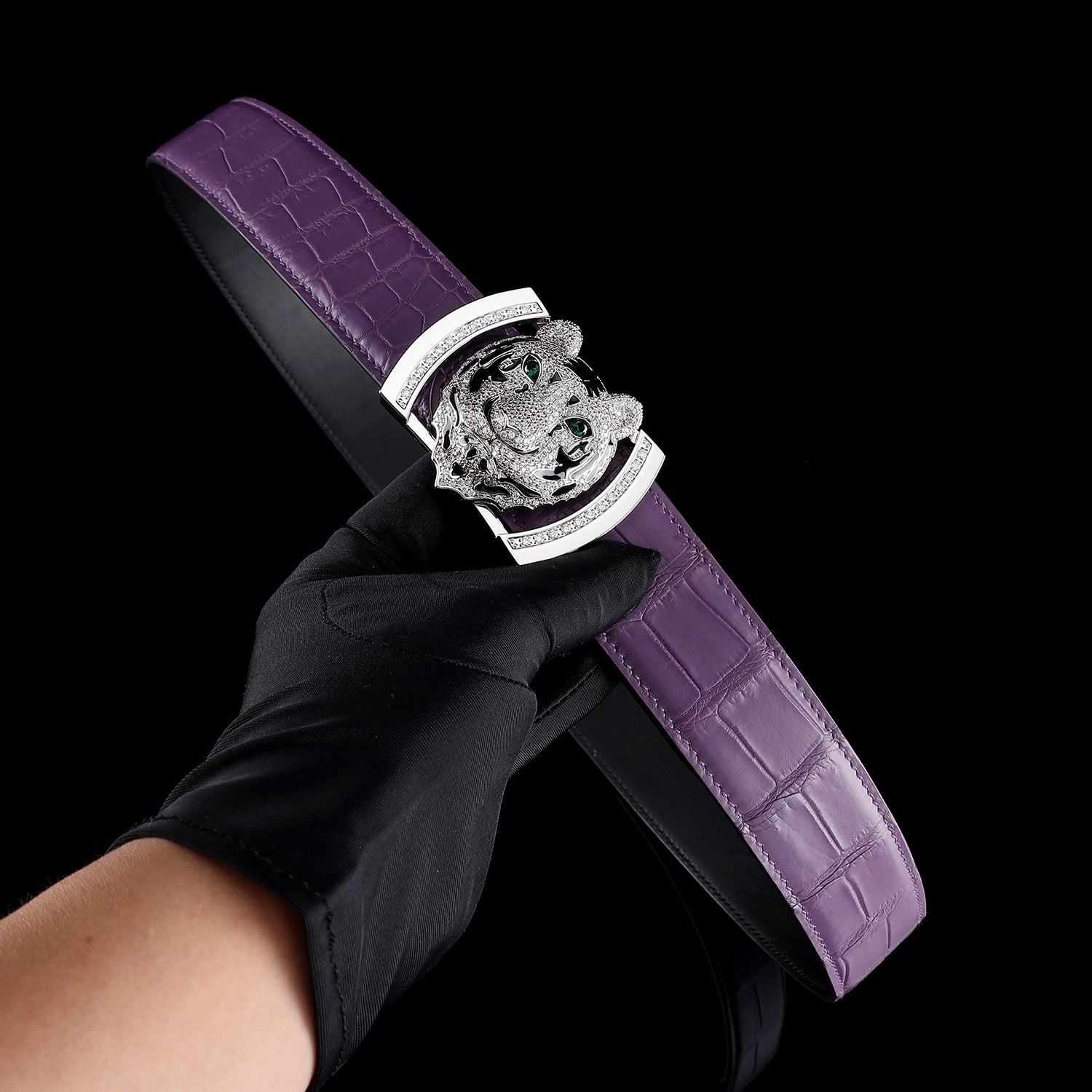 Purple Real Crocodile Leather Belt With Silver Tiger Buckle
