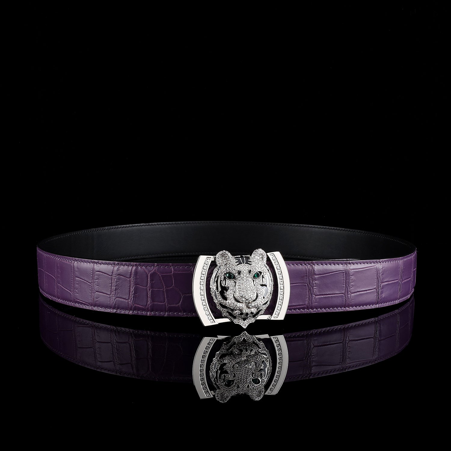 Purple Real Crocodile Leather Belt With Silver Tiger Buckle