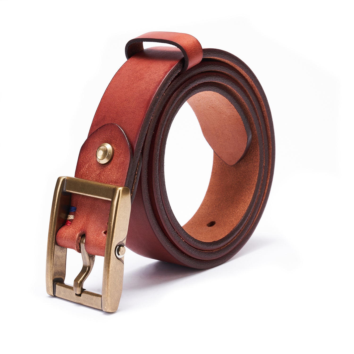 Reddish-Brown 100% Full-Grain Leather Belt with Solid Brass Buckle