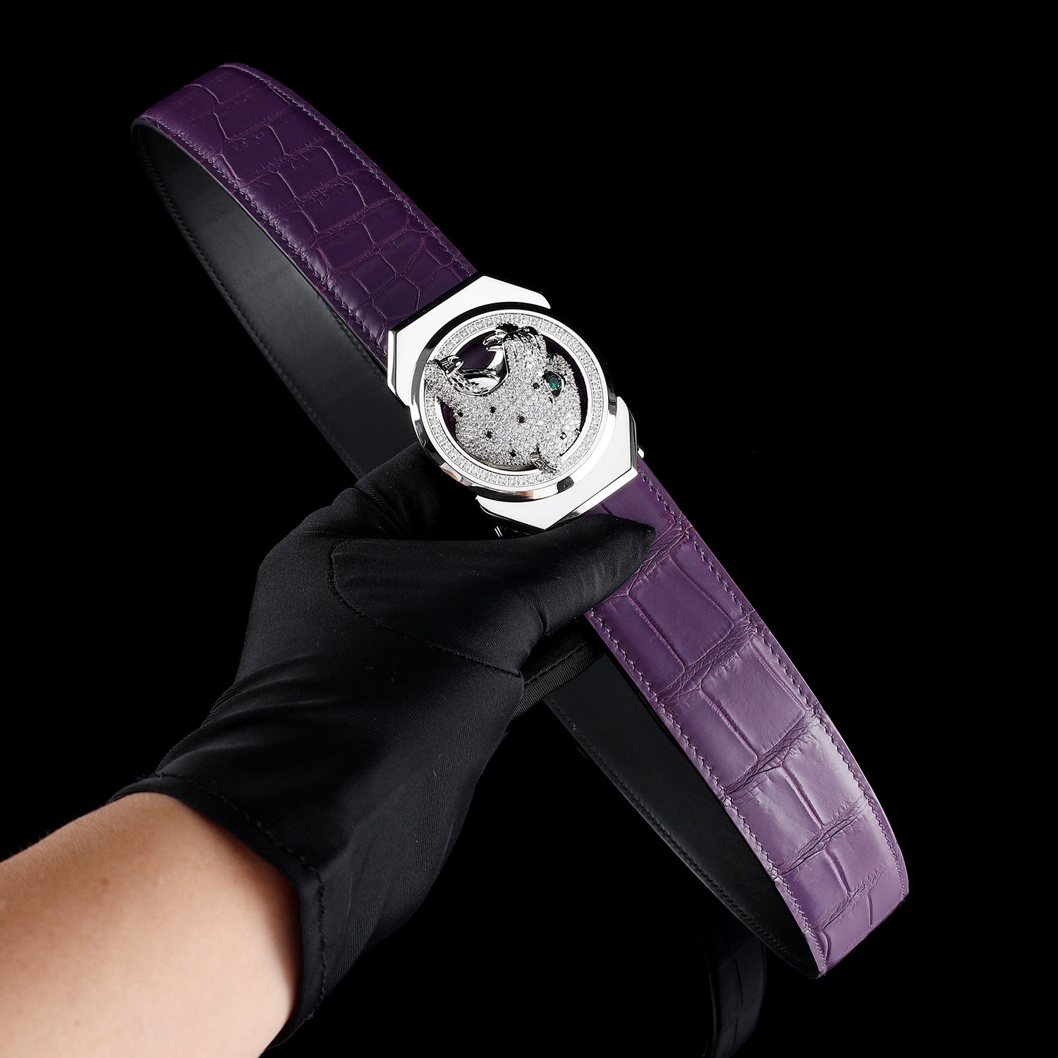 Roaring Leopard Buckle  Purple Crocodile Belt by BELTLEY