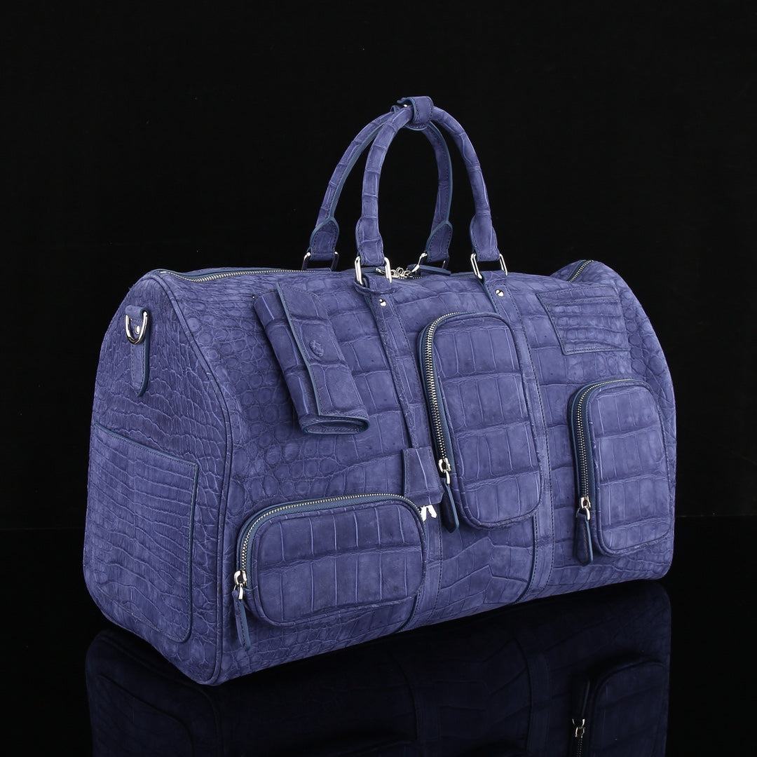 Sueded Slate Blue Multi-Pocket Crocodile Duffle - The BELTLEYNavigator Edition