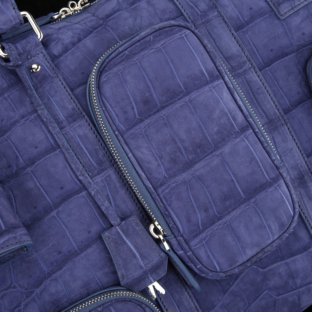 Sueded Slate Blue Multi-Pocket Crocodile Duffle - The BELTLEYNavigator Edition