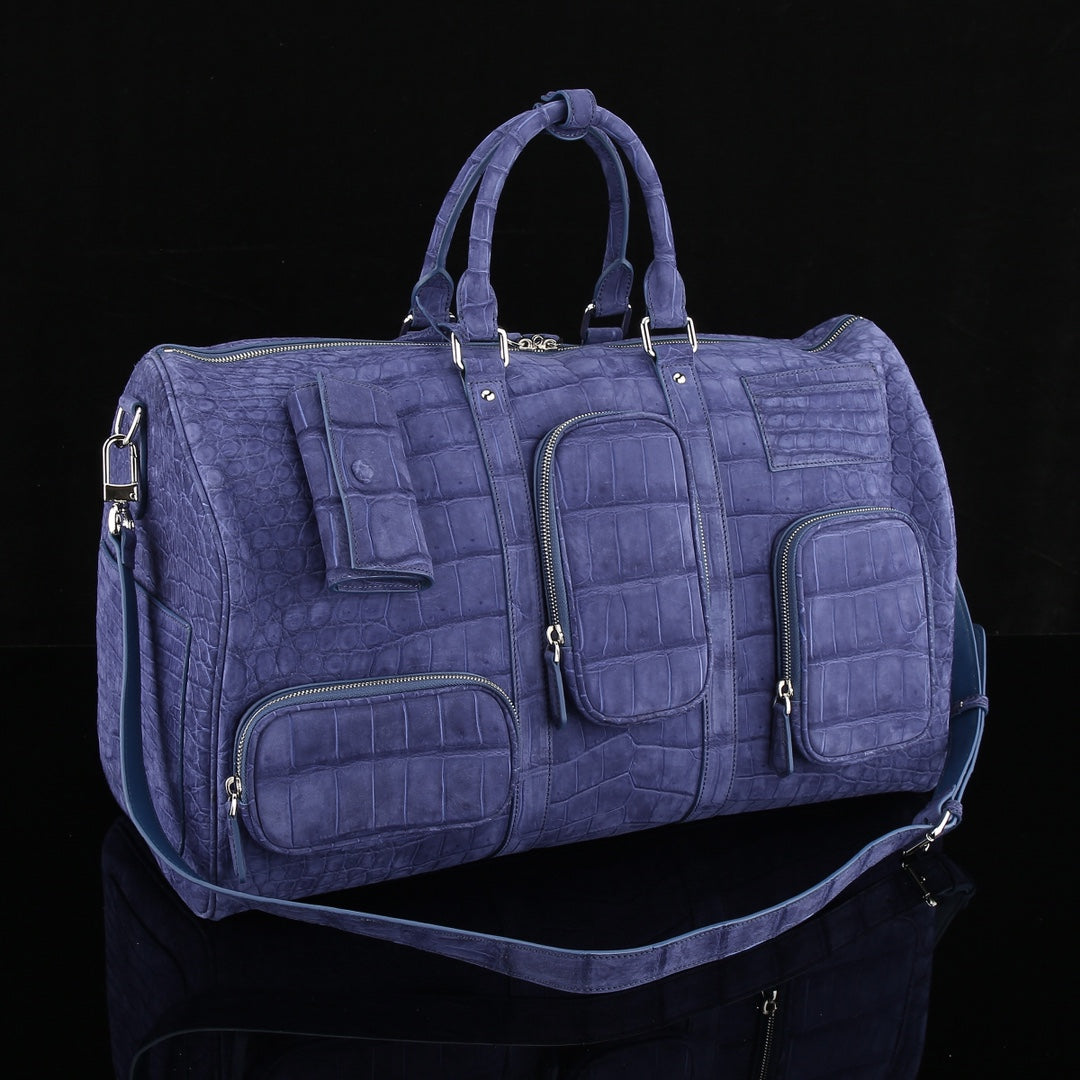 Sueded Slate Blue Multi-Pocket Crocodile Duffle - The BELTLEYNavigator Edition