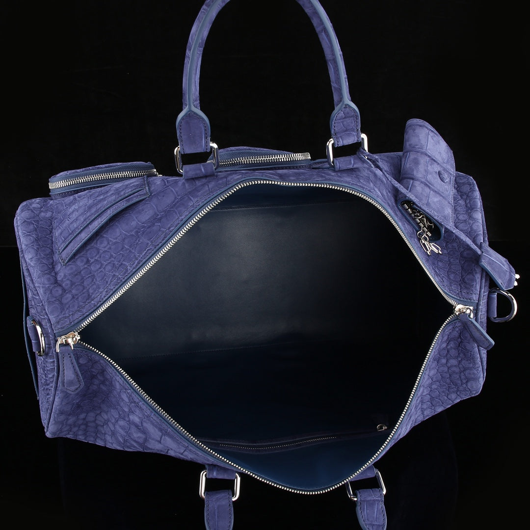 Sueded Slate Blue Multi-Pocket Crocodile Duffle - The BELTLEYNavigator Edition