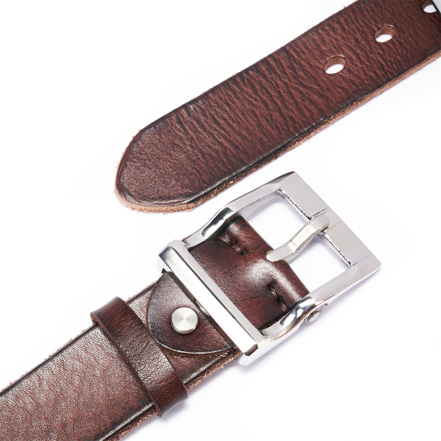 Tannin-Stained Heritage Belt – 1.5" Raw Edge & Sculpted Steel Buckle