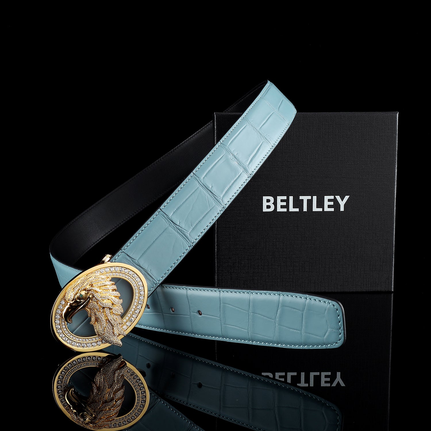 Tiffany Blue Nile Crocodile Leather Belt with Gold Eagle Emblem
