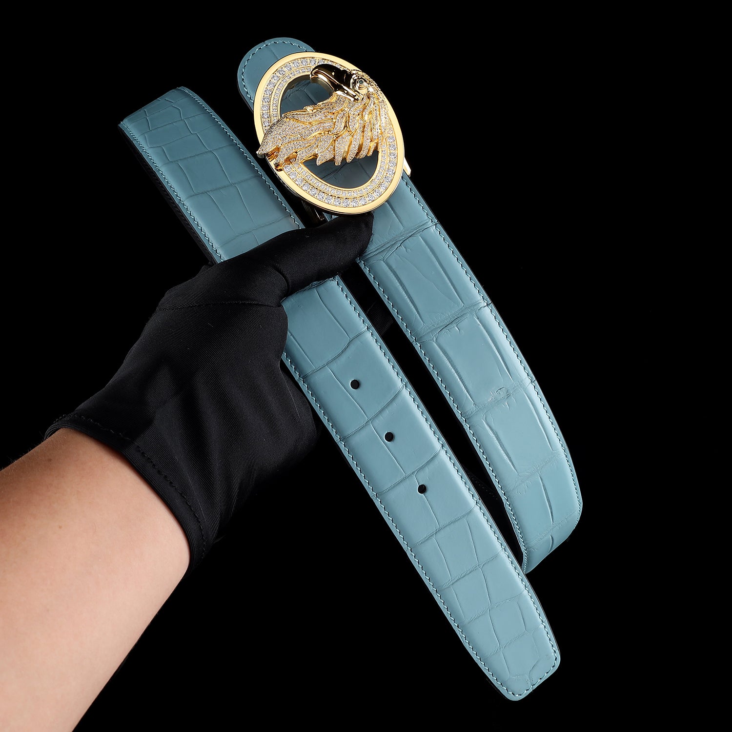 Tiffany Blue Nile Crocodile Leather Belt with Gold Eagle Emblem