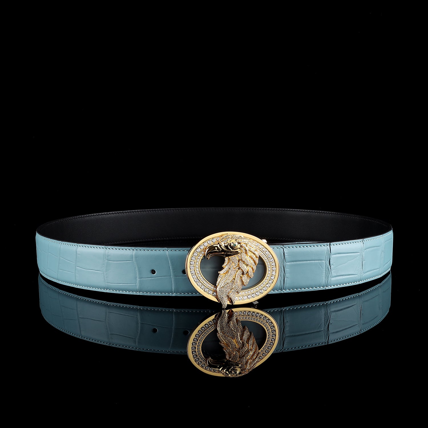Tiffany Blue Nile Crocodile Leather Belt with Gold Eagle Emblem