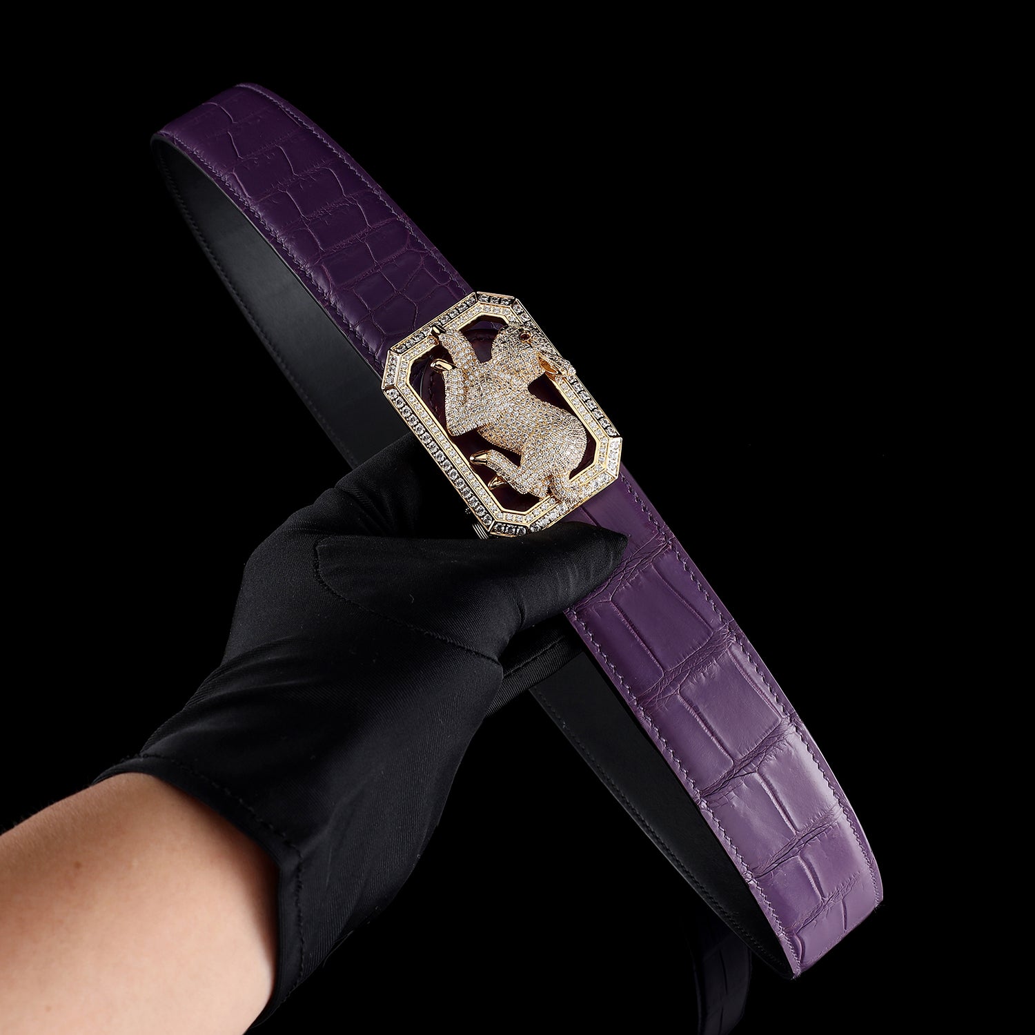 Unique Crocodile Leather Belt with gold Plated Rabbit Buckle