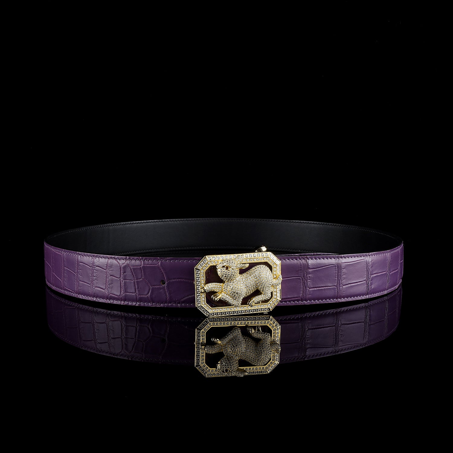 Unique Crocodile Leather Belt with gold Plated Rabbit Buckle
