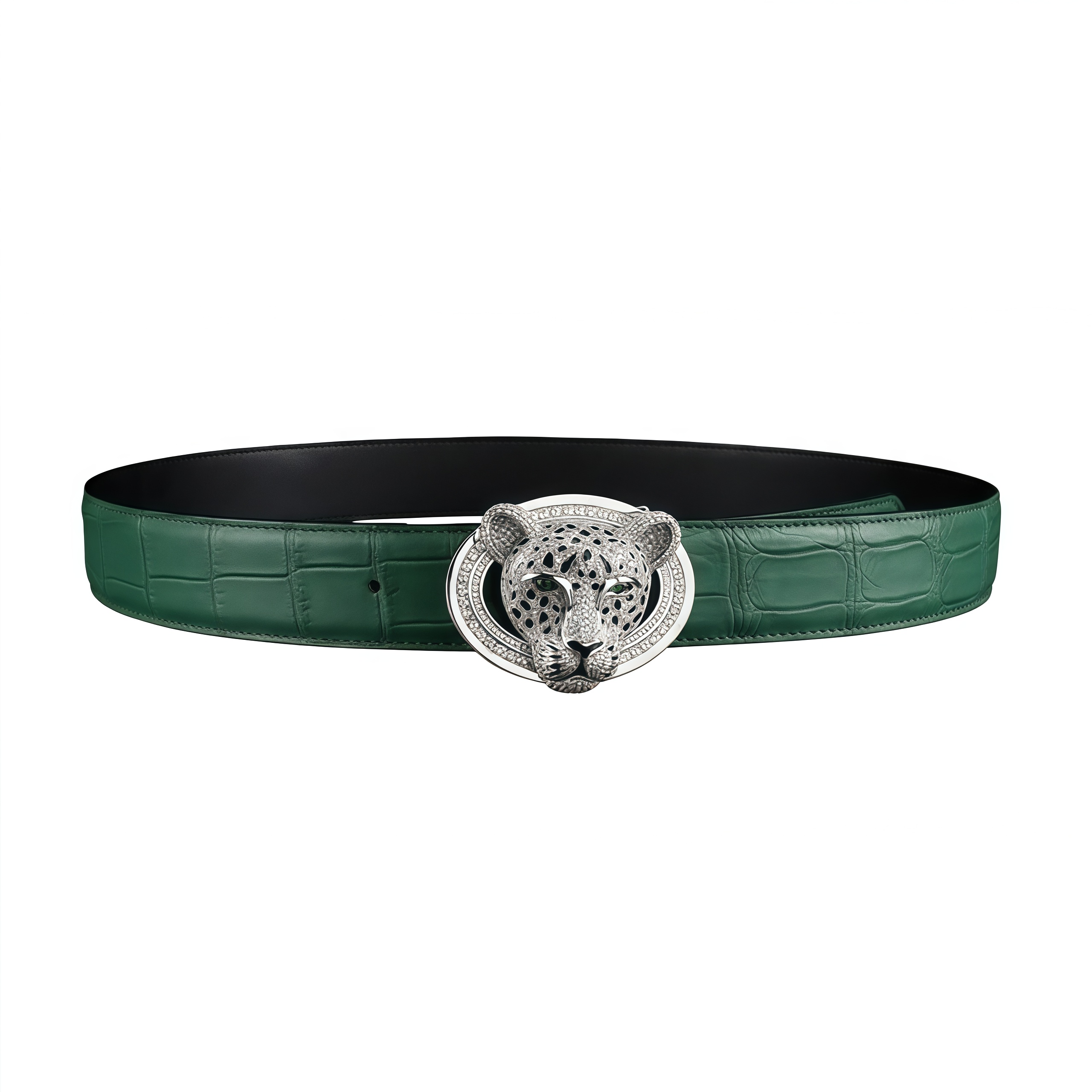Unique Emerald Green Crocodile Belt With 3D Leopard Buckle