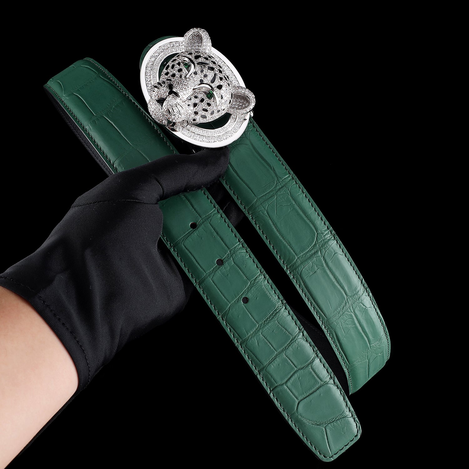 Unique Emerald Green Crocodile Belt With 3D Leopard Buckle
