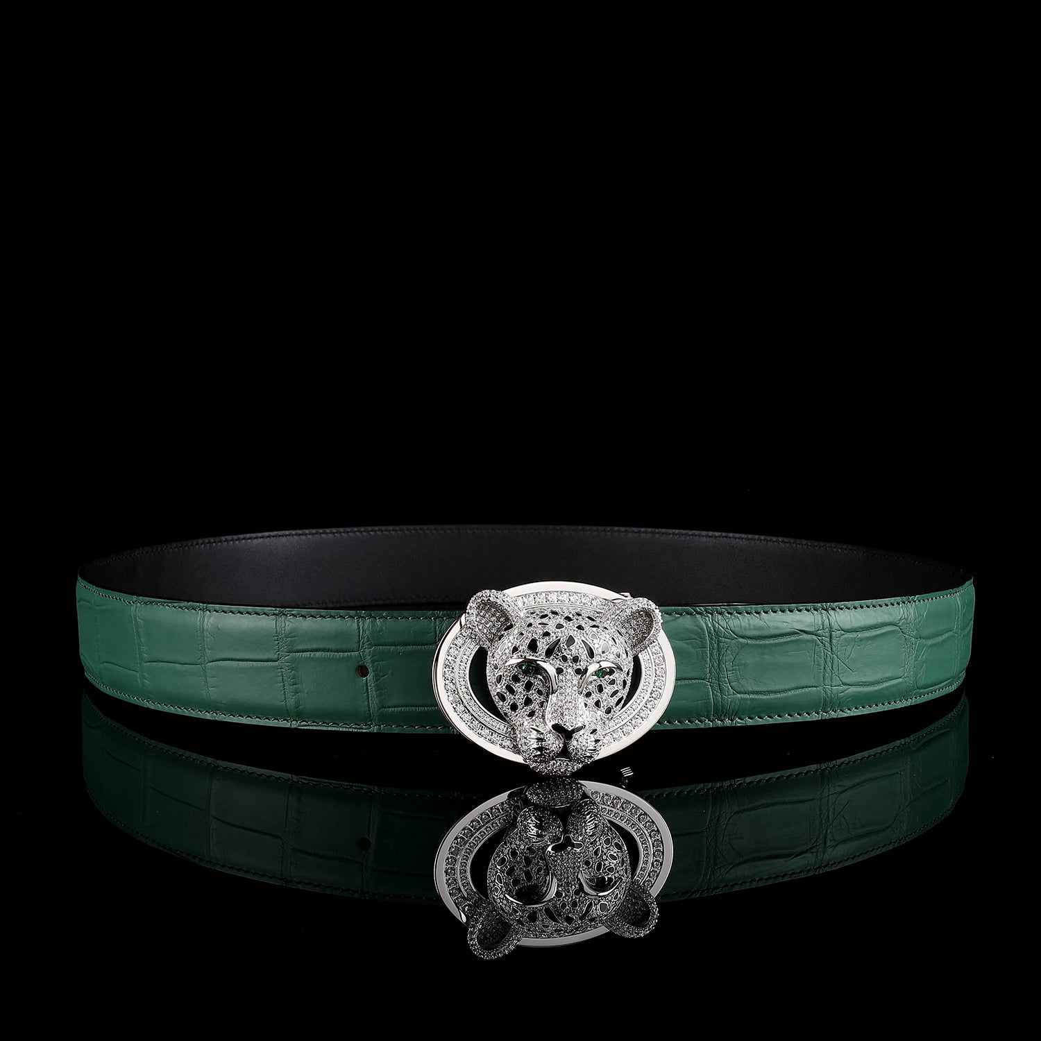 Unique Emerald Green Crocodile Belt With 3D Leopard Buckle