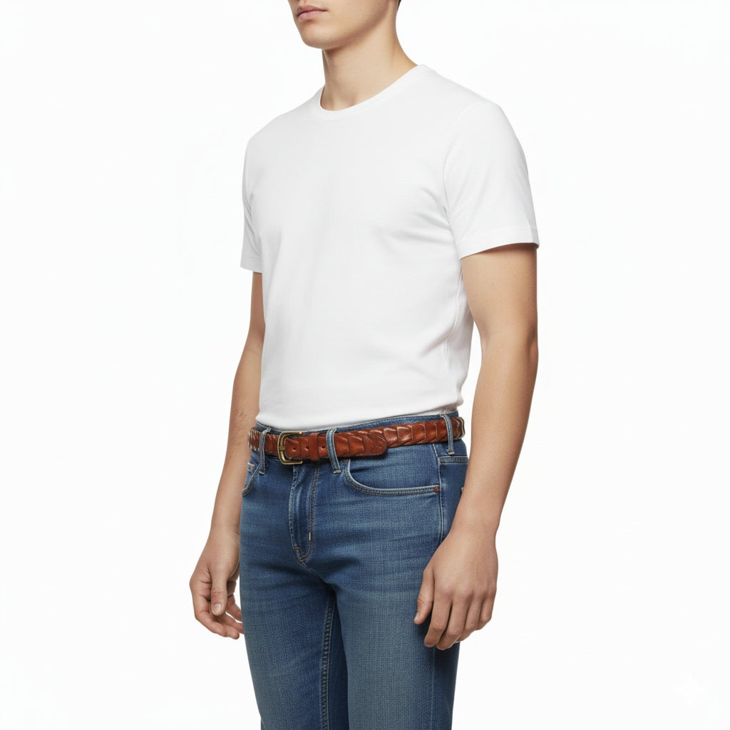 BELTLEY Unique Chestnut Brown Handwoven Leather Belt