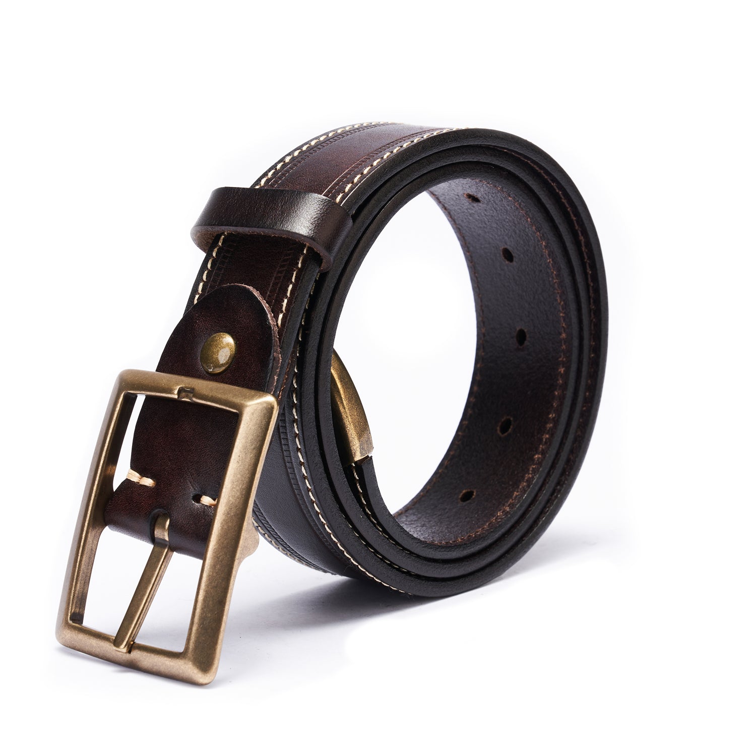 BELTLEY Unisex Espresso Leather Belt 35MM -Box Frame Bronze Buckle