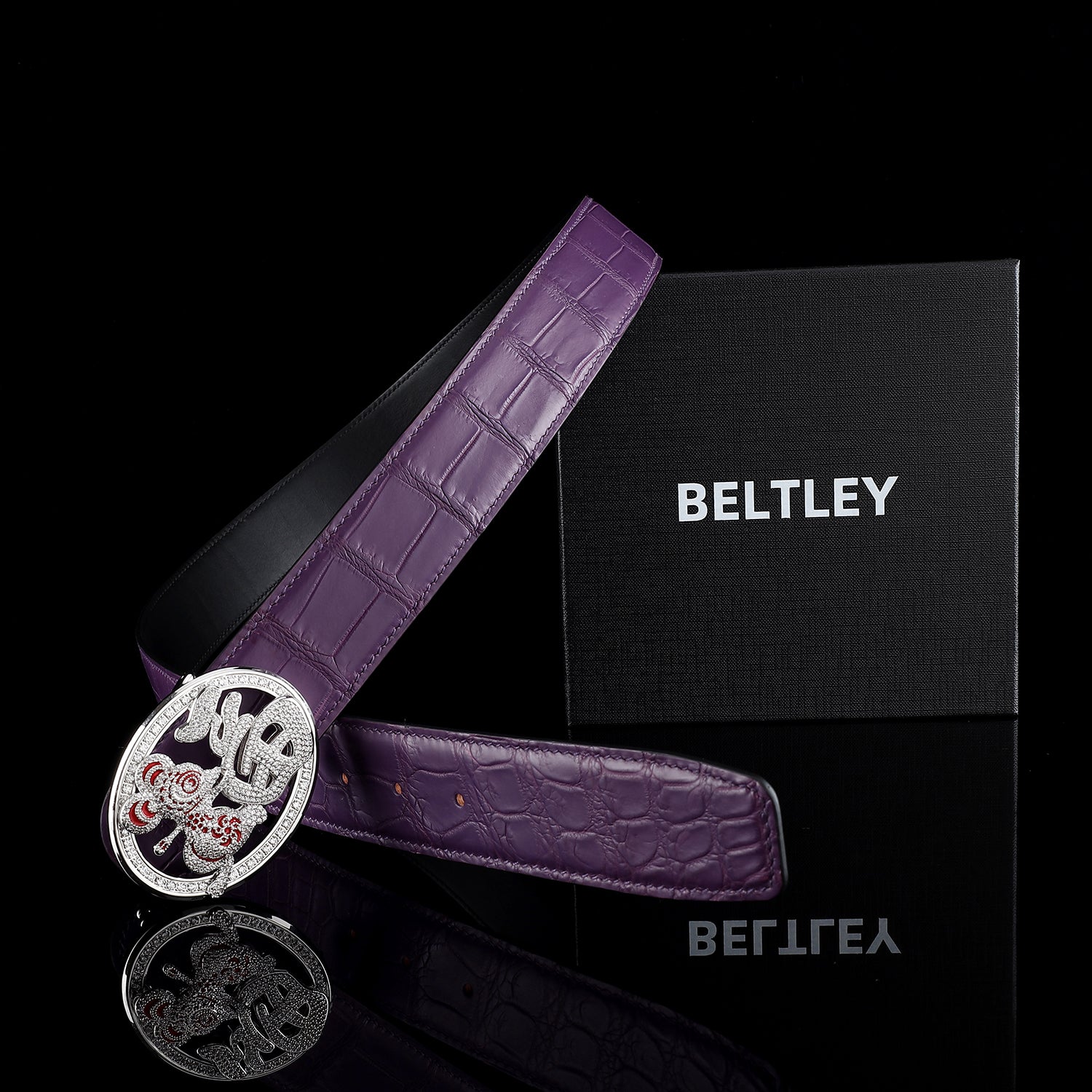 Unusual Fortune Rat Buckle Purple Crocodile Leather Belt