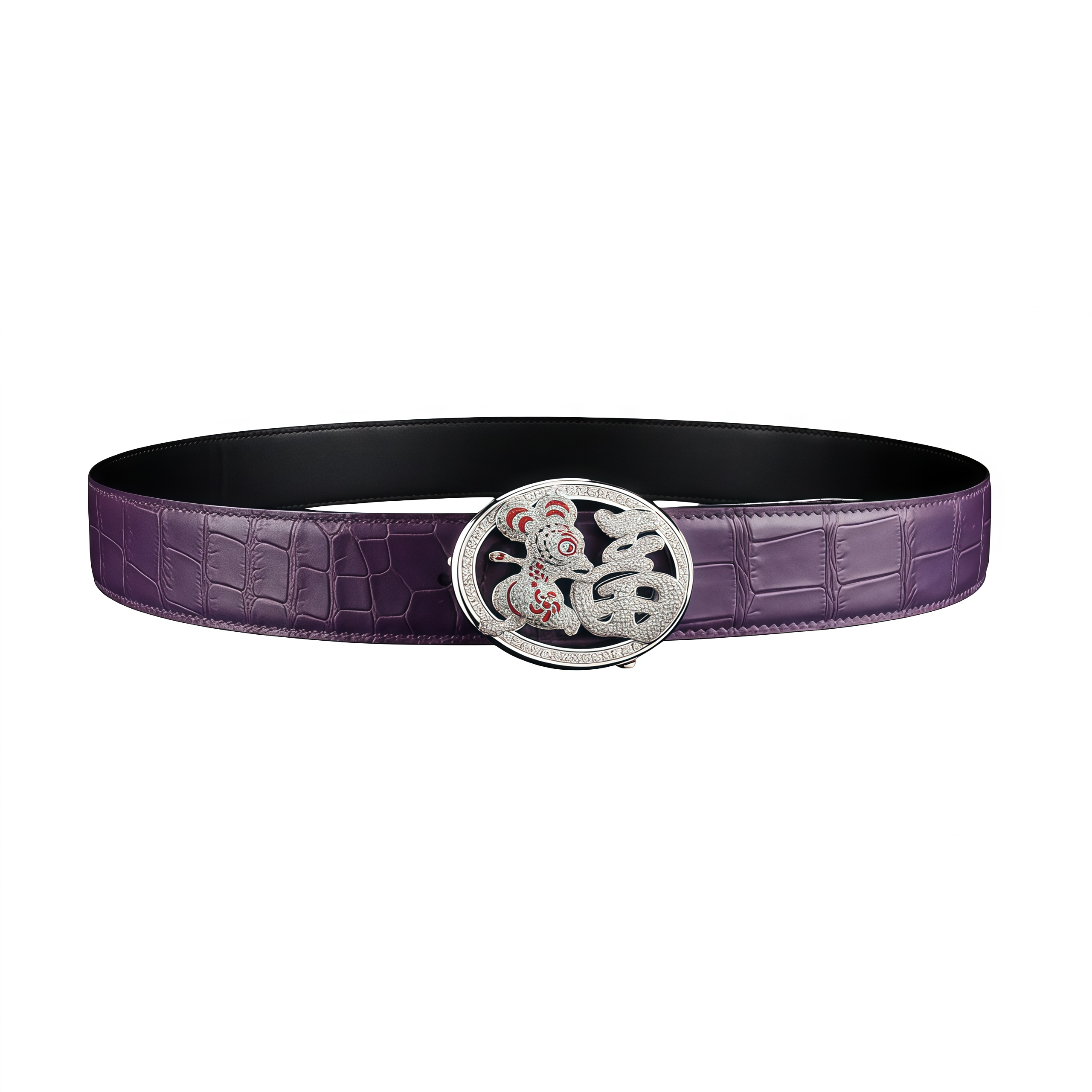 Unusual Fortune Rat Buckle Purple Crocodile Leather Belt