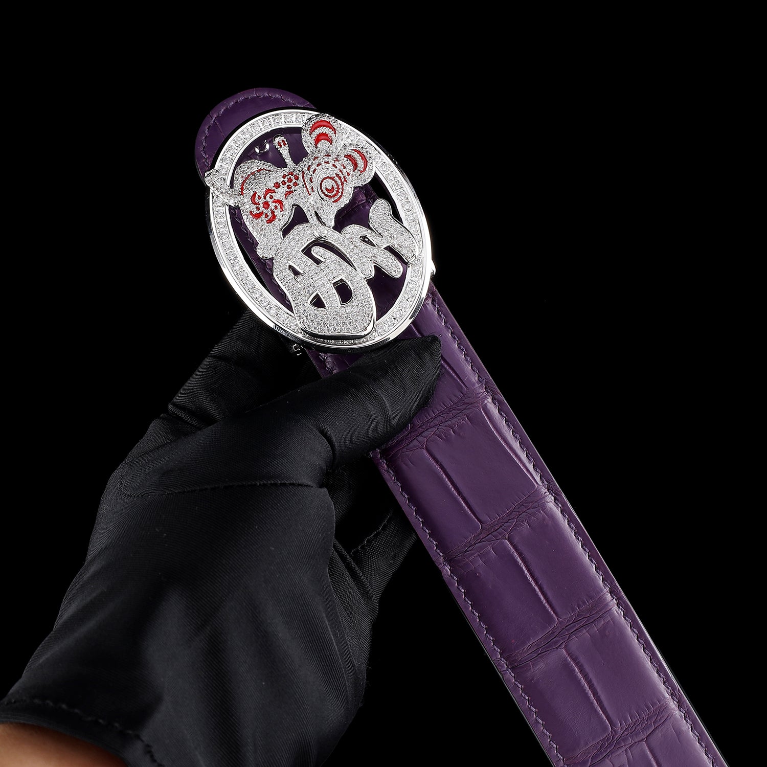 Unusual Fortune Rat Buckle Purple Crocodile Leather Belt