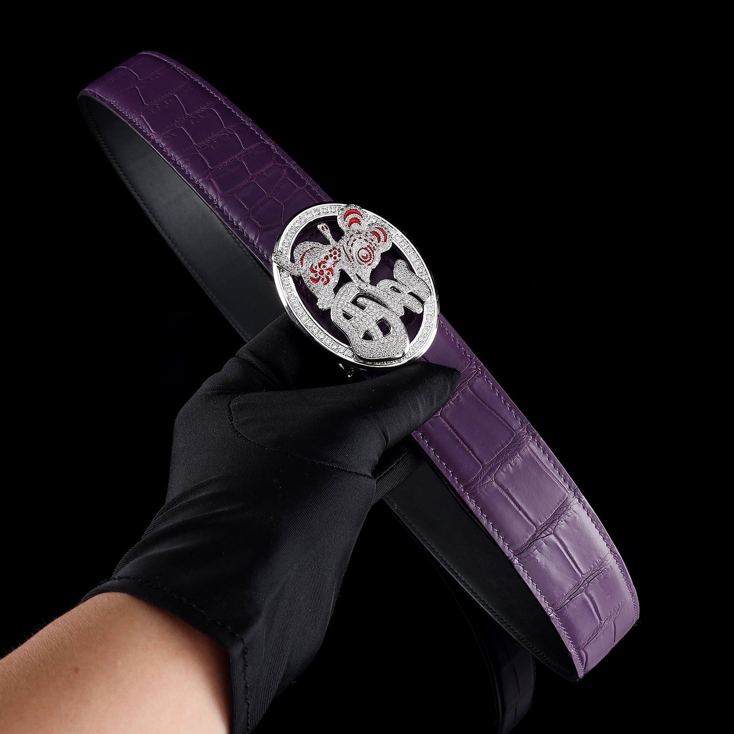 Unusual Fortune Rat Buckle Purple Crocodile Leather Belt