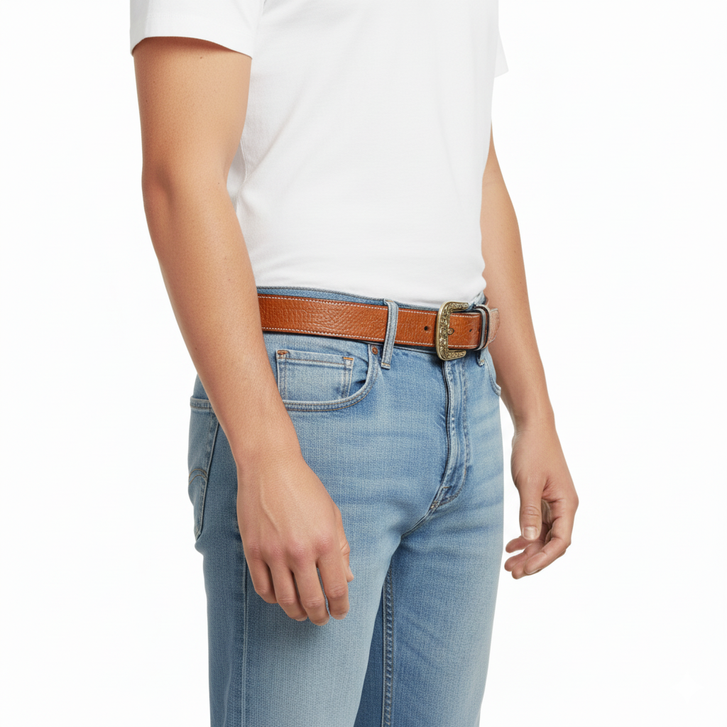 BELTLEY Vintage Belt with Solid Floral Brass Buckle for Men (1.5")