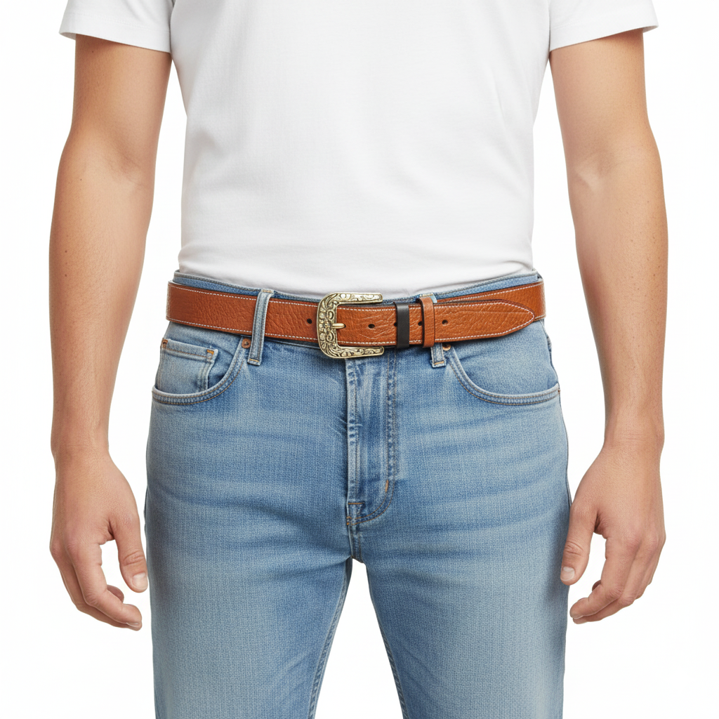 BELTLEY Vintage Belt with Solid Floral Brass Buckle for Men (1.5")