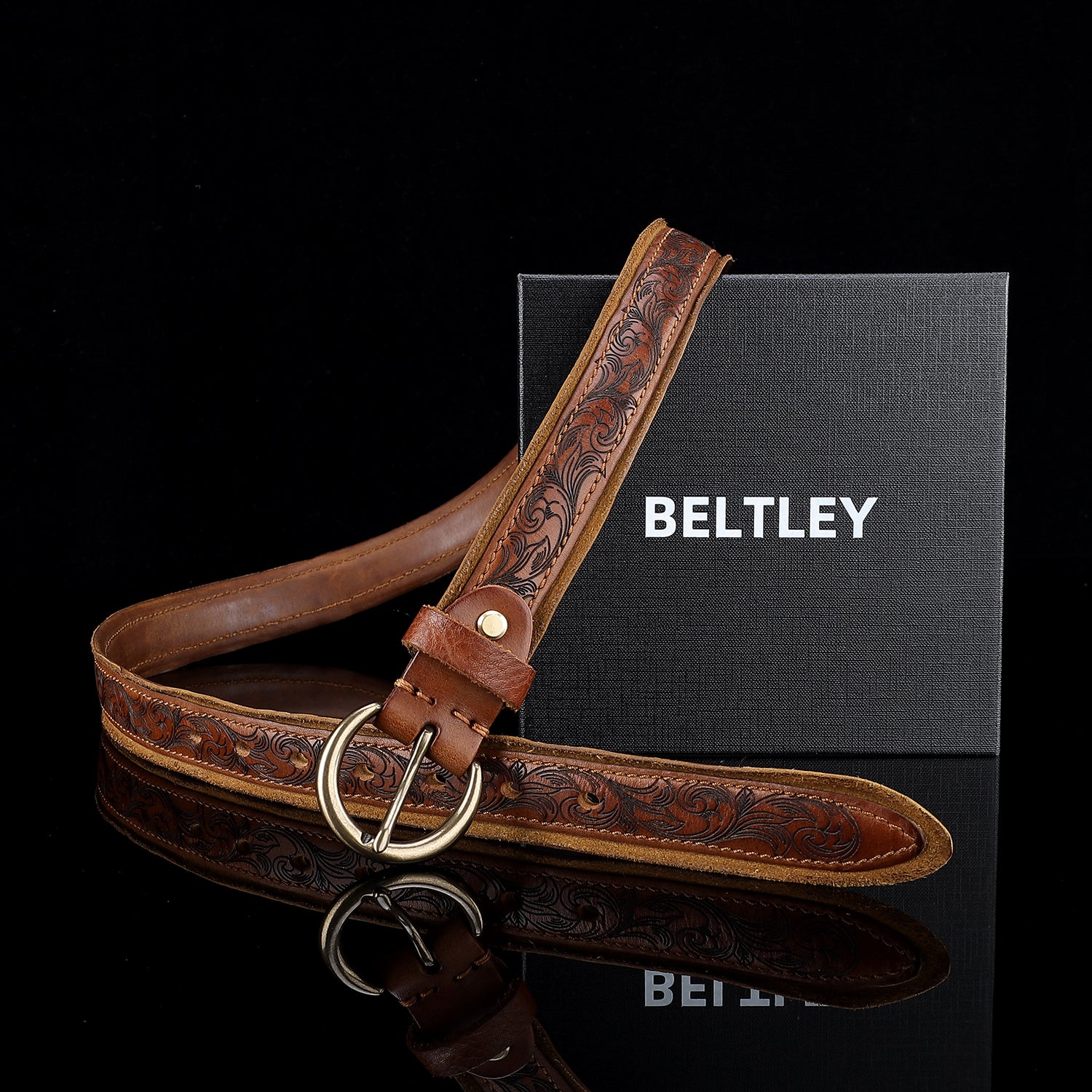 Women's Western Floral Leather Belt –Vintage Casual Belt for Jeans — buckle close-up | BELTLEY