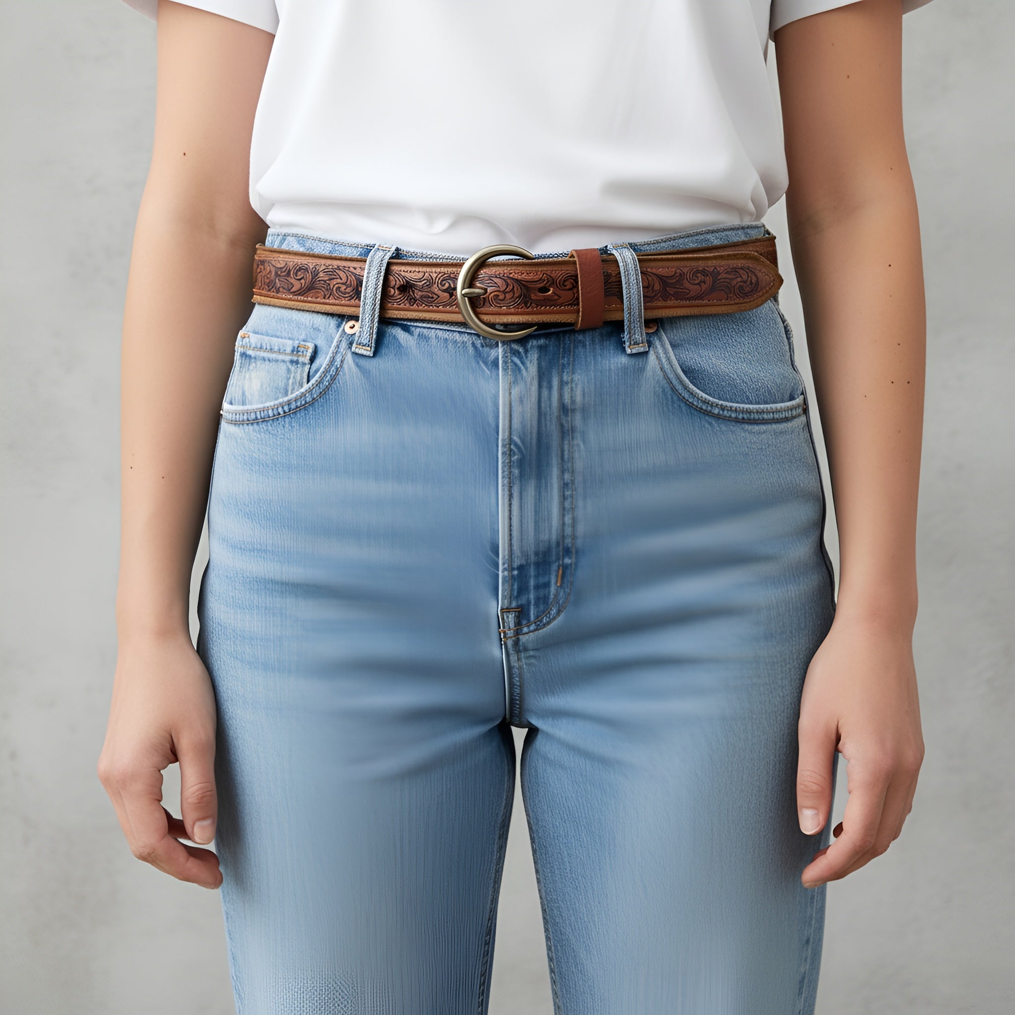 Women's Western Floral Leather Belt –Vintage Casual Belt for Jeans — lay-flat view | BELTLEY