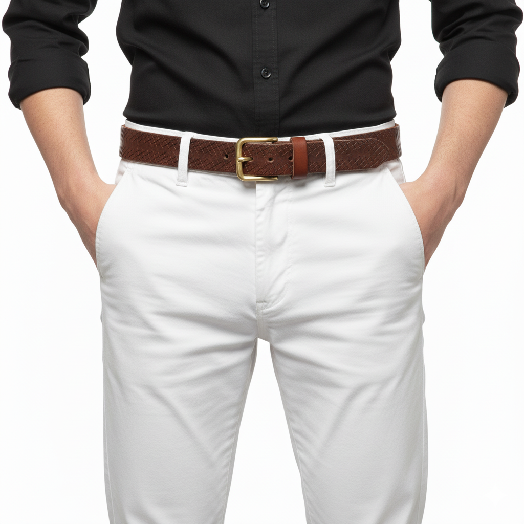 BELTLEY Brown Artisan Leather Belt - Laser-Cut Checkered & Raw Edge&Backing