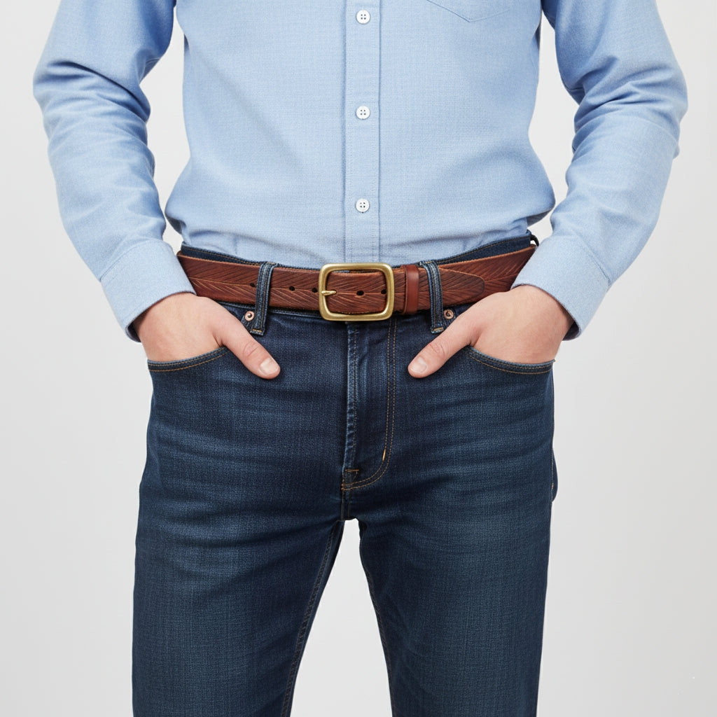 BELTLEY Brown Artisan Leather Belt- Laser-Cut Leaf -Raw Edge & Suede Backing