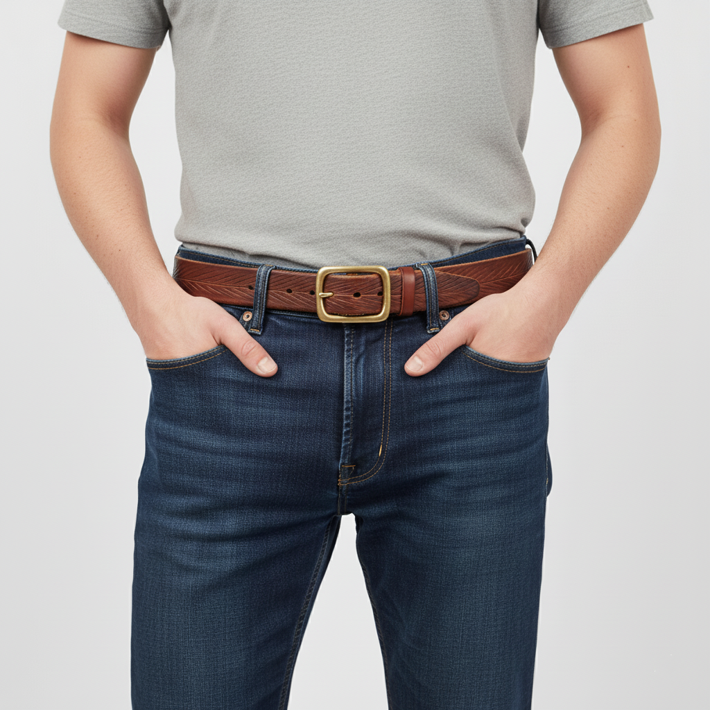 BELTLEY Brown Artisan Leather Belt- Laser-Cut Leaf -Raw Edge & Suede Backing